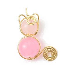 Pink Imitation Jade Glass Beads Pendants, with Light Gold Copper Wire Wrapped, Unicorn Charms, Pink, 20x15~16x8~8.5mm, Hole: 2.5mm
