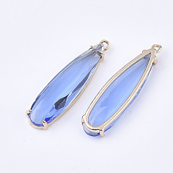 Royal Blue Transparent Glass Pendants, with Brass Findings, Faceted, Teardrop, Light Gold, Royal Blue, 32x8x4mm, Hole: 1.2mm