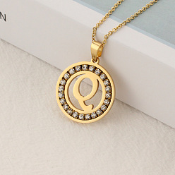Letter Q Crystal Rhinestone Initial Letter Pendant Necklace with Cable Chains, Stainless Steel Jewelry for Women, Golden, Letter.Q, 15.75 inch(40cm)