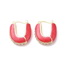 Red Enamel Half Round Hoop Earrings with Clear Cubic Zirconia, Real 18K Gold Plated Brass Jewelry for Women, Lead Free & Cadmium Free, Red, 22x18.5x6.5mm, Pin: 0.8~1.3x0.7mm