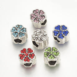 Mixed Color Alloy Rhinestone European Beads, Large Hole Beads, Flower, Antique Silver, Mixed Color, 10.5x11x9.5mm, Hole: 5mm