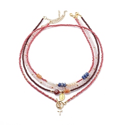 Dark Red 4Pcs 4 Style Cross and Virgin Mary Brass & Alloy Charms Necklaces Set, Natural Mixed Stone & Pearl & Glass Beaded Stackable Necklaces for Women, Dark Red, 15.28~20.08 inch(38.8~51cm), 1Pc/style