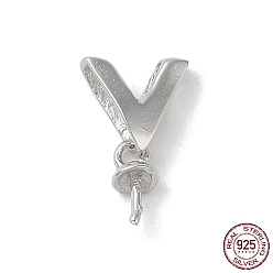 Real Platinum Plated Rhodium Plated 925 Sterling Silver Peg Bails, For Half Drilled Beads, with S925 Stamp, Letter V, Real Platinum Plated, 12x6.5mm, Hole: 6x2mm, Pin: 0.8mm