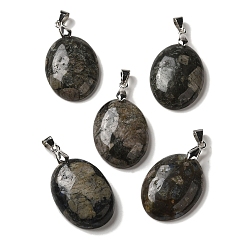 Glaucophane Подвески из натурального глаукофана, овальные подвески со стойкой, латунные кнопки с платиновым покрытием, защелки на дужках, 30x21.5~22x6~6.5 мм, отверстие : 6x4 мм