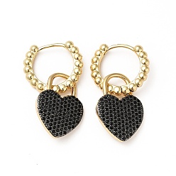 Black Cubic Zirconia Heart Padlock Dangle Hoop Earrings, Real 18K Gold Plated Brass Jewelry for Women, Cadmium Free & Lead Free, Black, 30mm, Pin: 1mm
