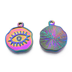 Rainbow Color 304 Stainless Steel Pendants, with Crystal Rhinestone, Nuggets with Eye, Rainbow Color, 19x16x2.5mm, Hole: 1.2mm