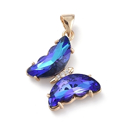 Blue Brass Micro Pave Clear Cubic Zirconia Pendants, with Glass, Butterfly, Golden, Blue, 24x21.5x4mm