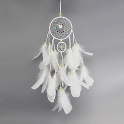 White Iron Woven Net/Web with Feather Pendant Decotations, with Dyed Feather & Wood Beads, & Faux Suede Cord, Wall Hanging Ornament for Car, Home Decor, Flat Round with Flower, White, 500mm, Ring: 110mm in diameter