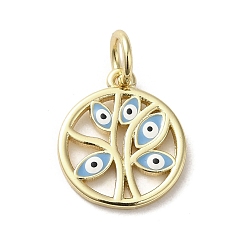 Light Sky Blue Brass Enamel Charms, with Jump Ring, Real 18K Gold Plated, Flat Round with Tree & Evil Eye Charm, Light Sky Blue, 15x13.5x1.4mm, Hole: 3.6mm
