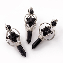Black Agate Natural Black Agate Big Pointed Pendants, with Platinum Plated Brass Findings, Bullet & Merkaba Star, 63~66x29~30mm, Hole: 8x5mm