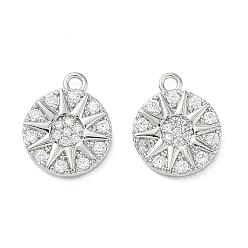 Платина Латунные микропаве прозрачные кубические циркониевые подвески, плоские круглые подвески в виде солнца, платина, 12x9.5x2 мм, отверстие : 1.2 мм