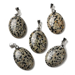 Далматинских Джаспер Природные яшмы далматин подвески, овальные подвески со стойкой, латунные кнопки с платиновым покрытием, защелки на дужках, 30x21.5~22x6~6.5 мм, отверстие : 6x4 мм