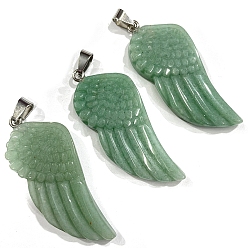 Green Aventurine Natural Green Aventurine Big Pendants, Wing Charms with Platinum Plated Matel Snap on Bails, 50x25mm
