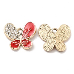 Red Alloy Enamel Pendants, with Rhinestone, Butterfly Charm, Golden, Red, 16.5x19x2mm, Hole: 2.3x2mm