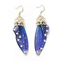 Blue Resin Butterfly Wing Dangle Earrings with Clear Cubic Zirconia, Real 18K Gold Plated Brass Jewelry for Women, Cadmium Free & Lead Free, Blue, 70mm, Pin: 0.7mm