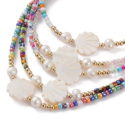 Mixed Color Natural Shell Beaded Necklaces, with Mixed Style Glass Seed Beads, Natural Pearl & Brass Round Beads, Golden, Mixed Color, 15.74 inch(40cm)