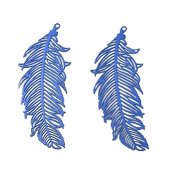 Royal Blue Spray Painted 430 Stainless Steel Pendants, Etched Metal Embellishments, Leaf Charm, Royal Blue, 47x18.5x0.3mm, Hole: 1.2mm
