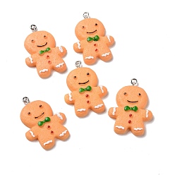 Green Christmas Opaque Resin Pendants, with Platinum Tone Iron Loops, Gingerbread Man Charm, Green, 35x25x4.5mm, Hole: 2mm