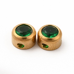 Dark Green Eco-Friendly 304 Stainless Steel Beads, with Glass, Flat Round, Dark Green, 6x4mm, Hole: 1.2mm