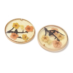 Orange Plating Brass & Transparent Epoxy Resin & Dried Flower Pendants, Flat Round with Flower & Butterfly Pattern Charm, with Glitter Powder, Orange, 30x3mm, Hole: 1.1mm