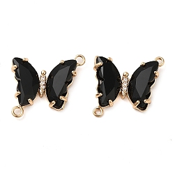 Black Brass Pave Faceted Glass Connector Charms, Golden Tone Butterfly Links, Black, 20x22x5mm, Hole: 1.2mm