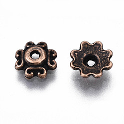 Red Copper Tibetan Style Bead Caps, Zinc Alloy, Lead Free & Nickel Free & Cadmium Free, Flower, Red Copper Color, 7x2.5mm, Hole: 1mm