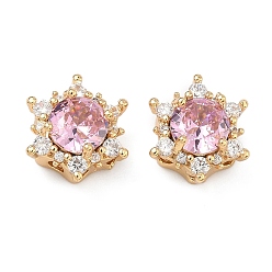 Pink Латунные звенья с инкрустацией кубическим цирконием, шестиугольный цветок, реальный 18 k позолоченный, розовые, 14x13.5x7.5 мм, отверстие : 1.8 мм