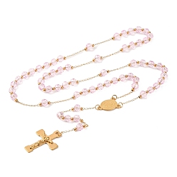 Бледно-Розовый Ионное покрытие(ip) распятие крест 304 четки из нержавеющей стали, с акриловыми шариками, розовый жемчуг, 25.98 дюйм (66 см)