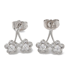 Platinum Brass Rhinestone Dangle Stud Earrings with Glass, Flower, Platinum, 11.5x14mm