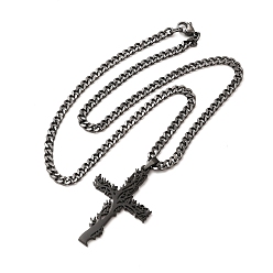 Gunmetal 304 Stainless Steel Cross with Tree of Life Pendant Necklaces, Curb Chain Necklace with Lobster Clasps, Gunmetal, 17-3/4 inch(45cm)