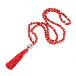 Carnelian Tassel Pendant Necklaces, with Natural Carnelian Beads, Buddha Head, 31.1 inch~33 inch(79~84cm)