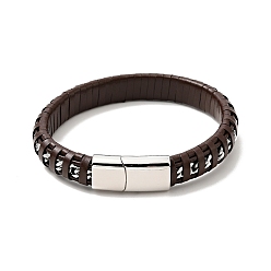 Stainless Steel Color Leather & 304 Stainless Steel Rope Braided Cord Bracelet with Magnetic Clasp for Men Women, Stainless Steel Color, 8-5/8 inch(21.8cm)