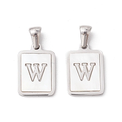 Letter W 304 Stainless Steel Pave Shell Pendants, Rectangle Charm, Stainless Steel Color, Letter W, 17.5x12x1.5mm, Hole: 3x5mm