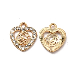 Light Gold Alloy Crystal Rhinestone Charms, Heart with Hollow Rose Charm, Light Gold, 15x13x2mm, Hole: 1.8mm