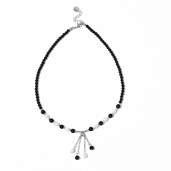 Black Natural Pearl & Glass Beaded Necklaces, 304 Stainless Steel Tassel Pendant Necklace for Women, Black, 17 inch(43.3cm)