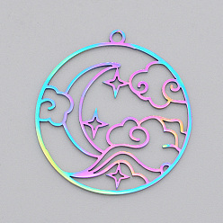Rainbow Color Ion Plating(IP) 201 Stainless Steel Pendants, Laser Cut, Ring with Cloud & Moon, Rainbow Color, 32.5x30x1mm, Hole: 1.8mm