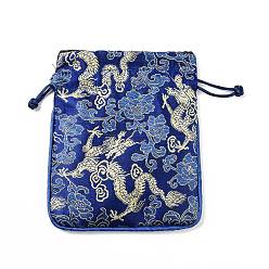 Prussian Blue Chinese Style Silk Drawstring Jewelry Gift Bags, Jewelry Storage Pouches, Lining Random Color, Rectangle with Dragon Pattern, Prussian Blue, 15x11.5cm