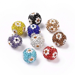 Mixed Color Polymer Clay Rhinestone Beads, Pave Disco Ball Beads, Round with Flower, Mixed Color, 16mm, Hole: 1.6~1.8mm