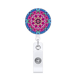 Camellia ABS Plastic Retractable Badge Reels, Card Holders, with Platinum Clips, ID Badge Holder for Nurses, Flat Round with Mandala Pattern, Camellia, 85mm