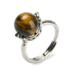 Тигровый глаз Круглые регулируемые кольца из натурального тигрового глаза, платиновое латунное кольцо, размер США 7 1/4 (17.5 мм)