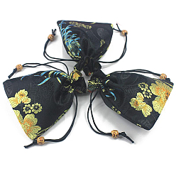 Black Chinese Style Flower Pattern Satin Jewelry Packing Pouches, Drawstring Gift Bags, Rectangle, Black, 14.5x10.5cm