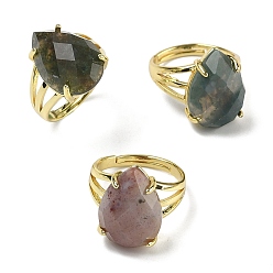 (RRHB277) Кристалл на подкладке из медово-бежевого цвета Латунные манжеты с открытыми кольцами, с натуральным индийским агатом, слеза, граненые, стойки покрытие, долговечный, золотые, 18 мм