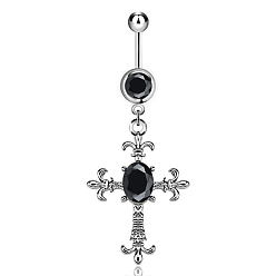 Jet Cross Alloy Body Jewelry, Religion Theme Dangle Belly Rings, with Rhinestone and 316L Stainless Steel Pins, Jet, 55x22mm, Pin: 1.6mm, 14 Gauge, Bar: 10mm