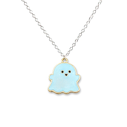 Pale Turquoise Halloween Enamel Ghost Pendant Necklace, Brass Jewelry for Women, Pale Turquoise, 18.50 inch(47cm)