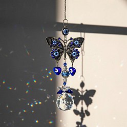 Butterfly Evil Eye Pendant Decorations, Alloy & Glass Hanging Suncatchers, for Home Decoration, Butterfly Pattern, 430mm