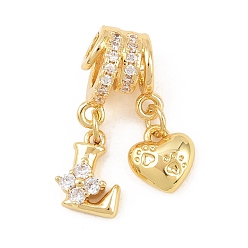 Letter L Латунные микропаве прозрачные подвески с фианитом, сердце прелести, долговечный, стойки покрытие, без кадмия и без свинца, реальный 18 k позолоченный, Письмо L, 23.5 мм, отверстия : 3 mm и 4 мм, Сердце: 8.5x8x3.5 mm, Письмо: 10x7.5x3.5 мм