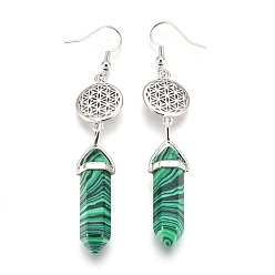 Malachite Pointed Bullet Synthetic Malachite Dangle Earrings, with Brass Earring Hooks and Flat Round with Flower of Life Links, Platinum, 77mm, Pin: 0.7mm