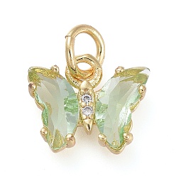 Dark Sea Green Brass Micro Pave Clear Cubic Zirconia Pendant, with Glass, Butterfly, Golden, Dark Sea Green, 18mm