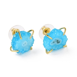 Deep Sky Blue Natural Agate Irregular Druzy Stud Earrings, Golden Plated Brass Jewelry for Women, Cadmium Free & Lead Free, Deep Sky Blue, 13.5x12mm, Pin: 0.7mm