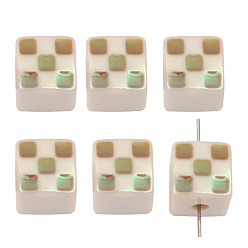 Olive 4Pcs UV Plating Acrylic Beads, Iridescent Tartan Cube, Olive, 14mm, Hole: 4mm